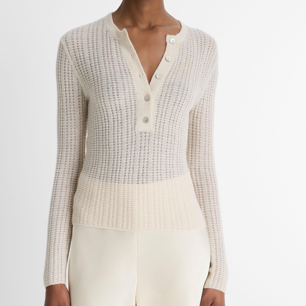 NWT Vince Off-White Waffle-Knit Cashmere-Silk Henley Sweater | Size S
